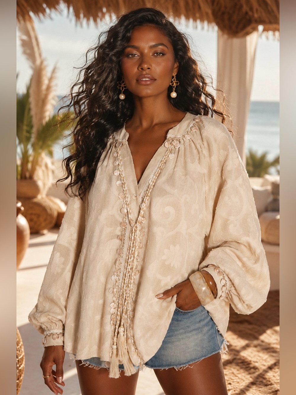 Boho Cream Textured V-Neck Tunic Top